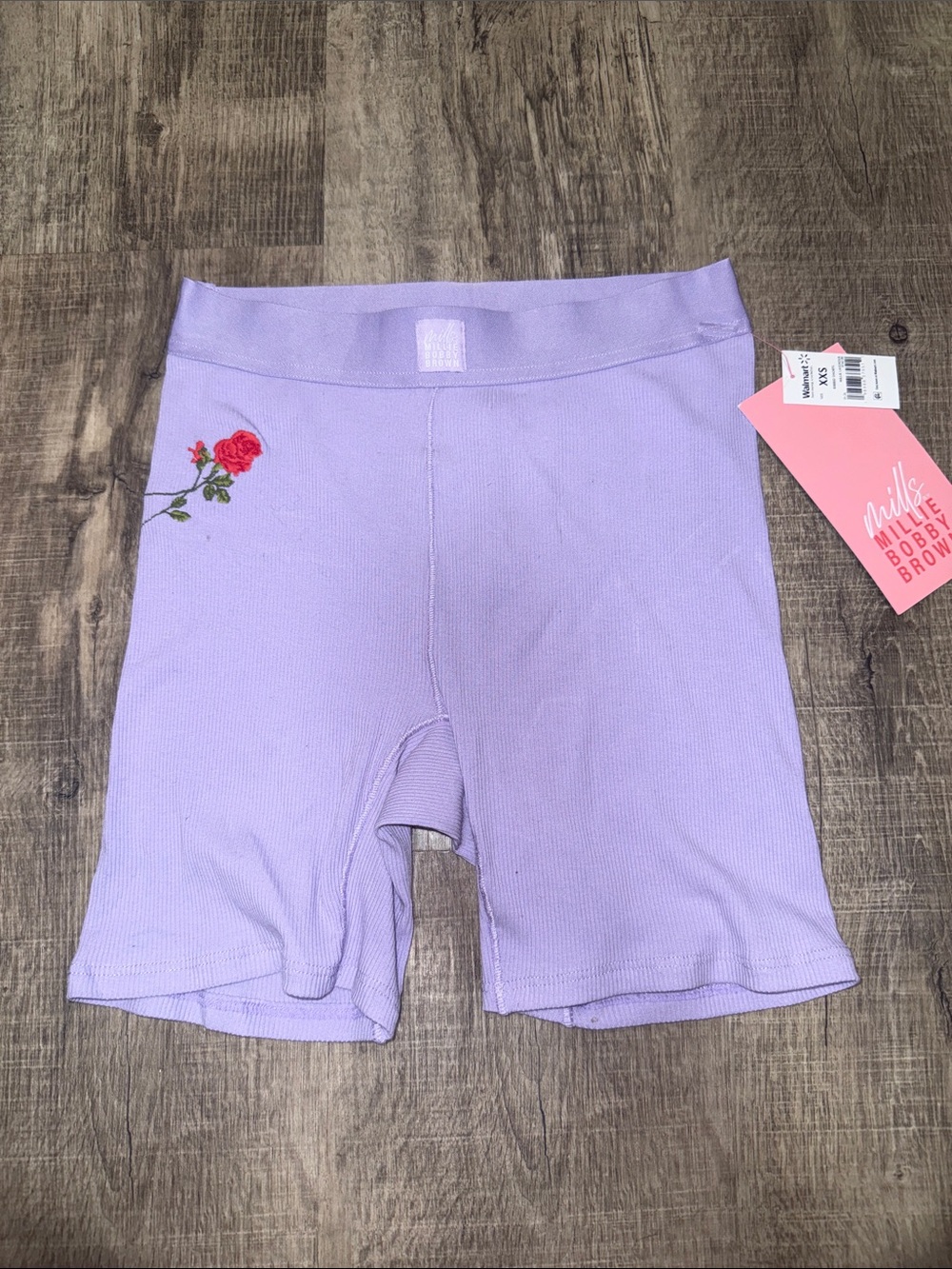 Lavender Ribbed Bike Shorts with Rose Embroidery